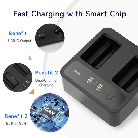Compact Dual Port 72W Fast Charger Hub for Mini Drone Batteries with LCD Screen and USB C Output, dual slots, close-up