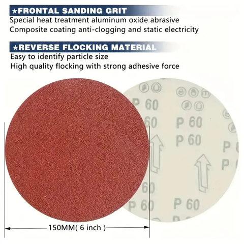 Six Inch Hook And Loop Sanding Discs 10 Pack 60 To 600 Grit Aluminum Oxide Heavy Duty Sandpaper For Wood Metal Smooth Finish with grit details.