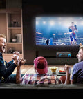 Living room with 2x120W Home Audio Power Amplifier System With Dual Channel Mixer, Stereo Receiver Box, and boxing match on TV.