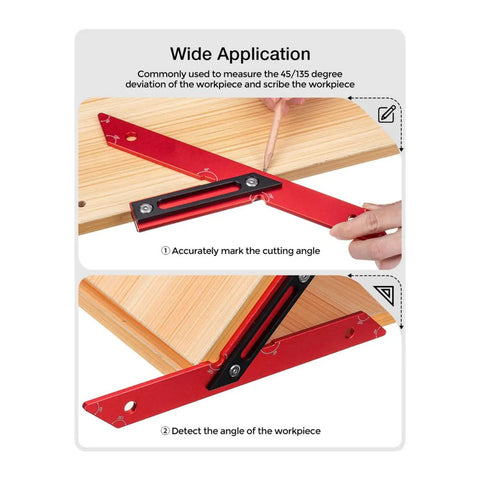 Dual Angle 45 And 135 Degree Woodworking Ruler Rugged Pro Grade Aluminum Carpenter Measuring Tool for precise miter cuts in use.