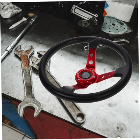 Dope 14 Inch PU Drifting Steering Wheel With Horn Button Universal Fit For Car Golf Cart And Racing Simulators Crimson Racing Game Steering Wheel For Outdoor Use displayed on a workbench