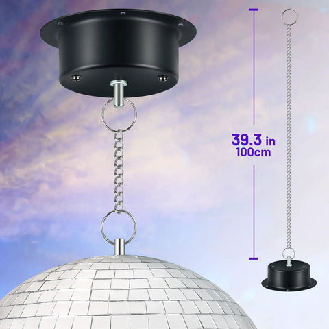 1.5 RPM Slow Disco Ball Motor For 4 To 16 Inch Mirror Balls showing ceiling mount and chain for smooth rotation