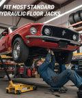 Mechanic using hydraulic floor jack lifting car in garage workshop tool room race trailer