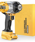 Rugged Cordless Impact Wrench Churning Out 1000 Ft Lbs Of Badass Torque, Fits Seamlessly With DeWalt 20V Batteries, Runs Silky On A Brushless Motor And Brings A Blazing Led Sightline For Swift Tire Rotations next to its packaging.