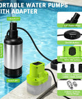 Heavy Duty 1000 GPH Submersible Water Pump Featuring Brushless Motor And 15V Low Voltage Protection For Ryobi 18V Batteries, with adapter by a pool.