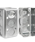 Two galvanized steel electrical boxes showing knockouts and durable construction for fire-rated walls installation.