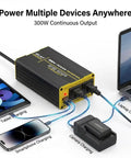 Road Trip Ready 300 Watt Car Power Inverter With Dual AC Outlets And Fast USB Ports charging multiple devices including a laptop and smartphone.