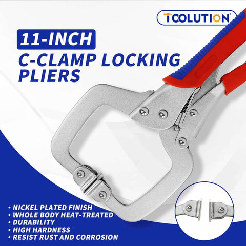 Locking Pliers Set Three Pack Pro Grade For Welding And Metalworking, 11 Inch C Clamp Pliers with nickel plated finish and padded jaw