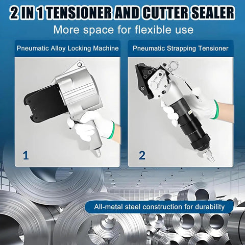 Heavy Duty Pneumatic Metal Strapping Tool Set For Industrial Bundling No Power Needed Yet Packs A Punch, 2-in-1 tensioner cutter