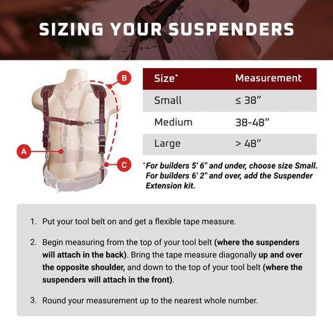 Sizing guide for Stronghold Light Suspenders For Industrial Use with measurement instructions and sizing chart.