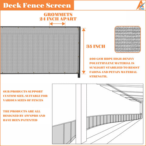 Balcony Privacy Screen For Decks And Patios No Fuss Install With 200 GSM HDPE Fencing Cover; 35 in height, grommets 24 in apart