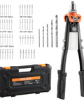 Two-Handed Pop Rivet Gun Kit With 230 Blind Rivets, 5 Interchangeable Nosepieces, 5 Drill Bits, And Heavy Duty Rugged Carrying Case.