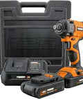 20 Volt Cordless Brushless Half Inch Impact Wrench Kit With 2Ah Lithium Batteries Charger And Carry Case displayed