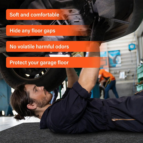 Mechanic lying on 2 Pack Premium Oil Spill Mat 36 By 60 Inches For Garage Floor Under Car Protection Highly Absorbent Maintenance Mat