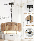 A Straight Up Game Changer 4Light Rattan Chandelier With Linen Drum Shades, 28.4in adjustable height, natural rattan, chic dining decor.