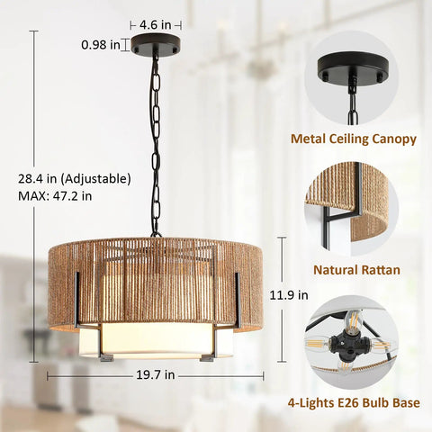 A Straight Up Game Changer 4Light Rattan Chandelier With Linen Drum Shades, 28.4in adjustable height, natural rattan, chic dining decor.