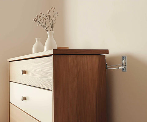 Heavy Duty Stainless Steel Anti Tip Furniture Anchors For Baby Proofing And Child Home Safety Rock Solid Earthquake Straps installed on a wooden dresser.