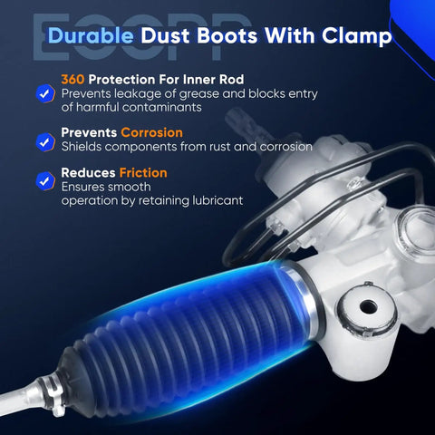 Close-up of hydraulic power steering dust boot with clamp, highlighting features for Toyota Highlander and Lexus RX models.
