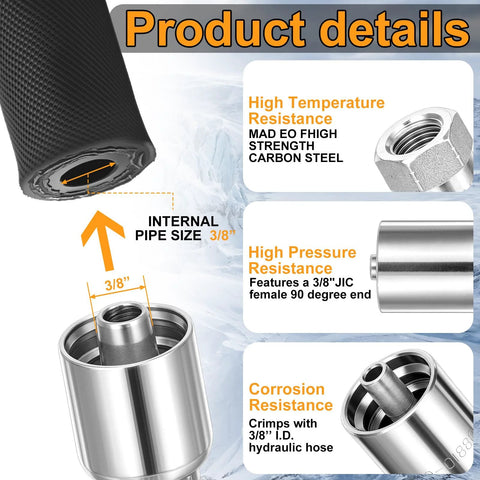 Frienda hydraulic hose, 3/8 in ID x 50 ft, black with 10 JIC 37° female and NPF male fittings; 4,800 psi steel-wire braided.