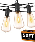 50 Ft Outdoor String Lights With 27 LED Plastic Edison ST38 Bulbs (2 Spare), IP65 Waterproof, hanging with packaging box