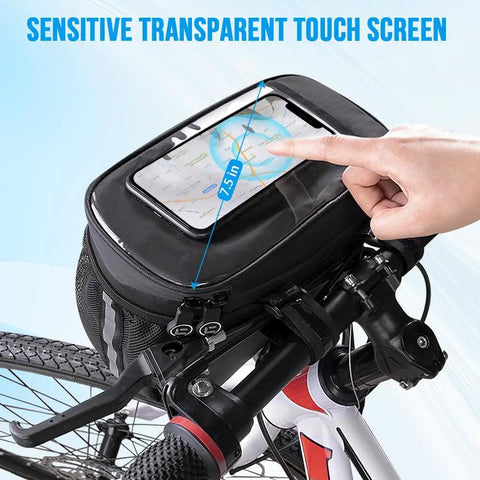 Bike Handlebar Insulated Cooler Bag With Front Phone Pouch And TPU Touch Screen on bicycle with finger using touchscreen.
