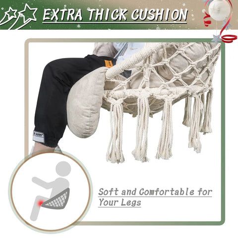 Cozy Macrame Hammock Chair With Thick Comfy Cushion And Hanging Hardware Kit Bohemian Cotton Rope Swing Beige Lounger