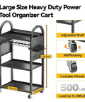 Rolling Garage Storage Cart With 8 Outlet Power Strip On Wheels, showing shelves, casters, and plug strip for tools.