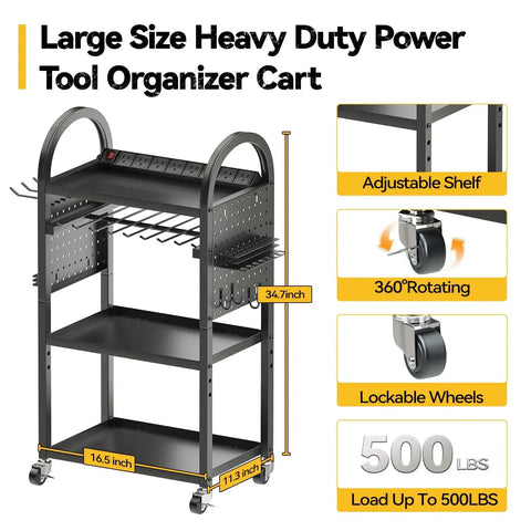 Rolling Garage Storage Cart With 8 Outlet Power Strip On Wheels, showing shelves, casters, and plug strip for tools.