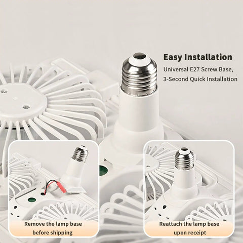 Socket Ceiling Fan, E27 Screw Base with Remote, close-up of easy installation feature showing universal screw base.