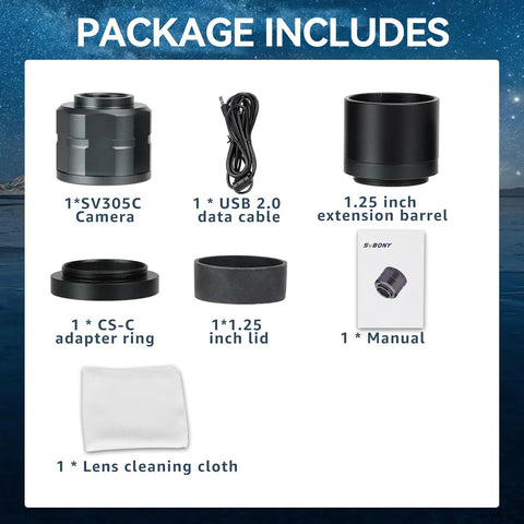 Package contents of Astrophotography Camera For Planetary And Moon Imaging SV305C 2.1MP IMX662 including adapters and manual