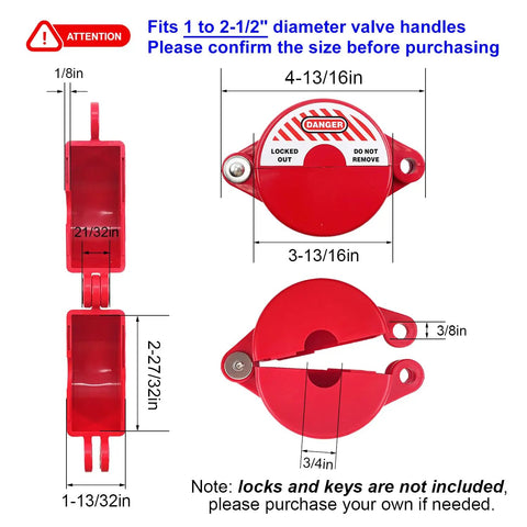 Gate Valve Lockout Kit With Safety Padlock for faucets, showing dimensions and design for valve handles 1 to 2.5 inches.