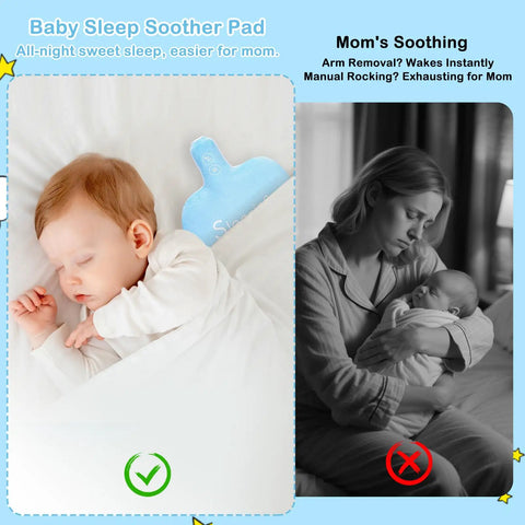 Ultra Soothing Baby Sleep Soother With Gentle Vibration Portable Vibrating Mattress Pad shown calming a sleeping infant in bed.