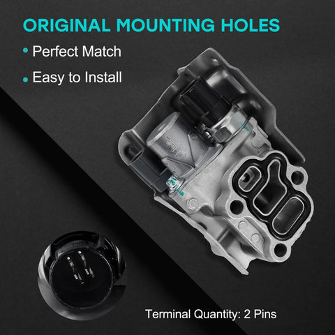 Direct Fit OCV Oil Control Valve Timing Solenoid For Acura RSX Honda Civic Accord CR-V Element 2.0L 2.4L L4 Engines Fits 2002-2011 Model Years OEM Grade 917-224 15810RAAA03 shown with mounting holes and terminal pins