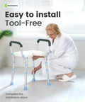 Woman adjusting Heavy Duty Adjustable Shower Chair With Arms For Inside Shower 300 Lb Capacity Cutout Seat Bathtub Stool