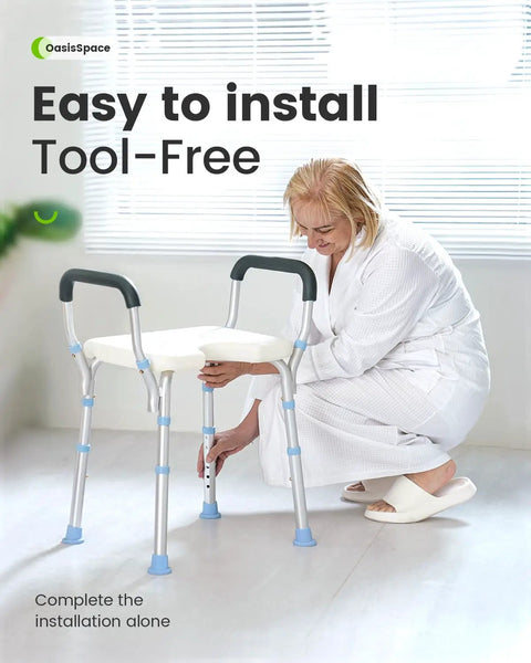 Woman adjusting Heavy Duty Adjustable Shower Chair With Arms For Inside Shower 300 Lb Capacity Cutout Seat Bathtub Stool