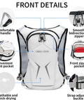 Lightweight Hydration Backpack For Running And Hiking With 1.5L Water Reservoir, front view showing features and pockets.