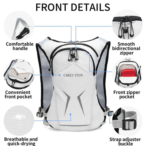 Lightweight Hydration Backpack For Running And Hiking With 1.5L Water Reservoir, front view showing features and pockets.