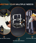 Front collage of 3D printing tools kit: Nozzle anti-stick coating bottle, 3D printer bed adhesive, and gear grease.