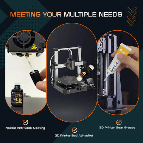 Front collage of 3D printing tools kit: Nozzle anti-stick coating bottle, 3D printer bed adhesive, and gear grease.
