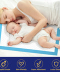 Heavy Duty Disposable Bed Pads For Incontinence With Serious Soak Power And No Drip Drama 23 By 36 Inches 40 Count Pack for infants and caregivers in use.