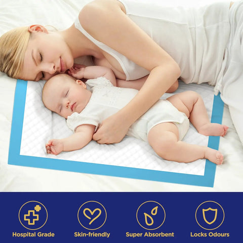 Heavy Duty Disposable Bed Pads For Incontinence With Serious Soak Power And No Drip Drama 23 By 36 Inches 40 Count Pack for infants and caregivers in use.