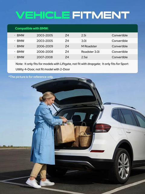 Woman loading groceries into trunk of BMW vehicle, showcasing Heavy Duty Rear Trunk Lid Gas Strut Lift Support For BMW Z4 2003 To 2008.
