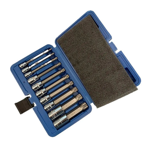 Kickass 10 Piece Spline Wrench Head Impact Socket Set Includes 1/4 3/8 Half Inch Sizes Plus Ratchet Spanner And Torx Bits Kit open case
