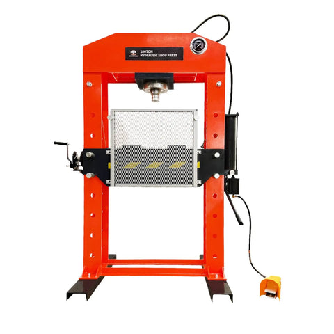 Heavy Duty Industrial Hydraulic Shop Press Delivering 100 Ton Pressing Force And Twin Cylinder Muscle For Quick Gear Bearing Swaps Metal Stamping Jobs Built Like A Boss Workhorse front view with mesh screen and controls.