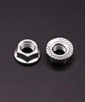 50 Pack M5 Serrated Flange Hex Locknuts Crafted From Top Shelf 304 Stainless Steel With Slick Bright Finish And Built Tough Corrosion Resistance For Real World Jobs. Two locknuts showing serrated flange design.