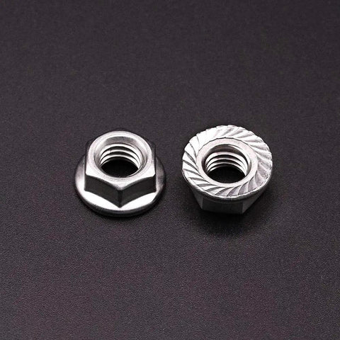 50 Pack M5 Serrated Flange Hex Locknuts Crafted From Top Shelf 304 Stainless Steel With Slick Bright Finish And Built Tough Corrosion Resistance For Real World Jobs. Two locknuts showing serrated flange design.