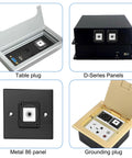 Table plug, D-Series Panels, Metal 86 panel, Grounding plug display with various terminal options including audio connectors
