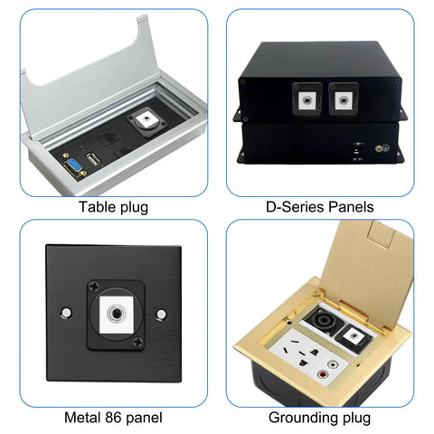 Table plug, D-Series Panels, Metal 86 panel, Grounding plug display with various terminal options including audio connectors