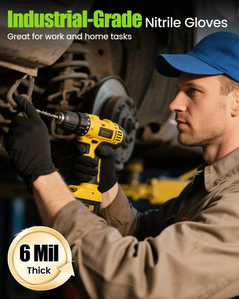 TreeGo black nitrile gloves, 6 mil thick, industrial-grade disposable gloves with textured grip