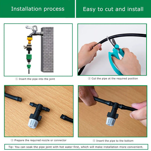 Installation process for 50 Foot One Quarter Inch Drip Irrigation Tubing For Lawn And Garden, showing setup and cutting steps.